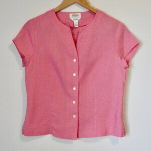 Pink Linen Top Blouse Irish Linen V-neck Button Front Talbots Petite Size 10